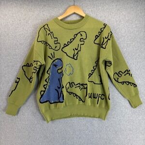 Angry Dinosaur T Rex Knit Crewneck Sweater Unisex Size Medium Green Blue Cartoon